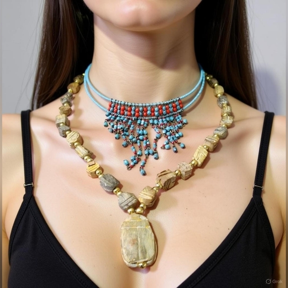 Statement Jewelry - Turquoise Red Beaded Boho W Carved Scarab Natual Carved Necklace Jewelry Bundle